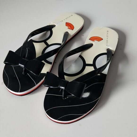 ALICE + OLIVIA | Stacey Face Flip Flops  black Red Size 37 - Picture 2 of 6